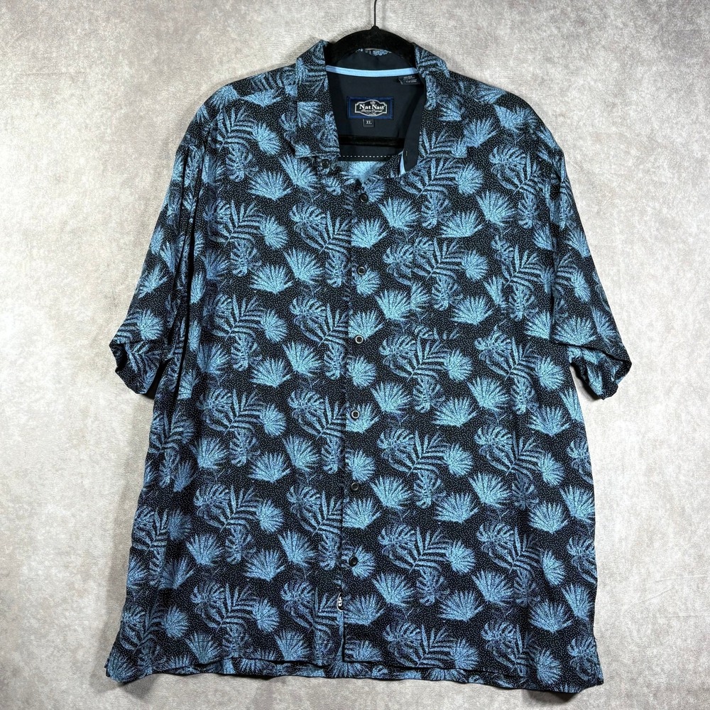 Nat Nast Silk Blend Shirt Mens Size XL Black Blue Leaf Print Button Up Hawaiian